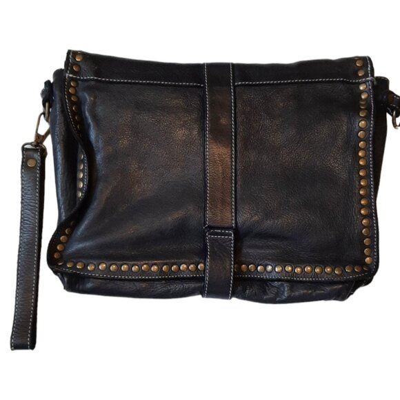 Costanza Rota Black Leather and Brass Stud Crossbody Messenger Flap Bag - Picture 6 of 12